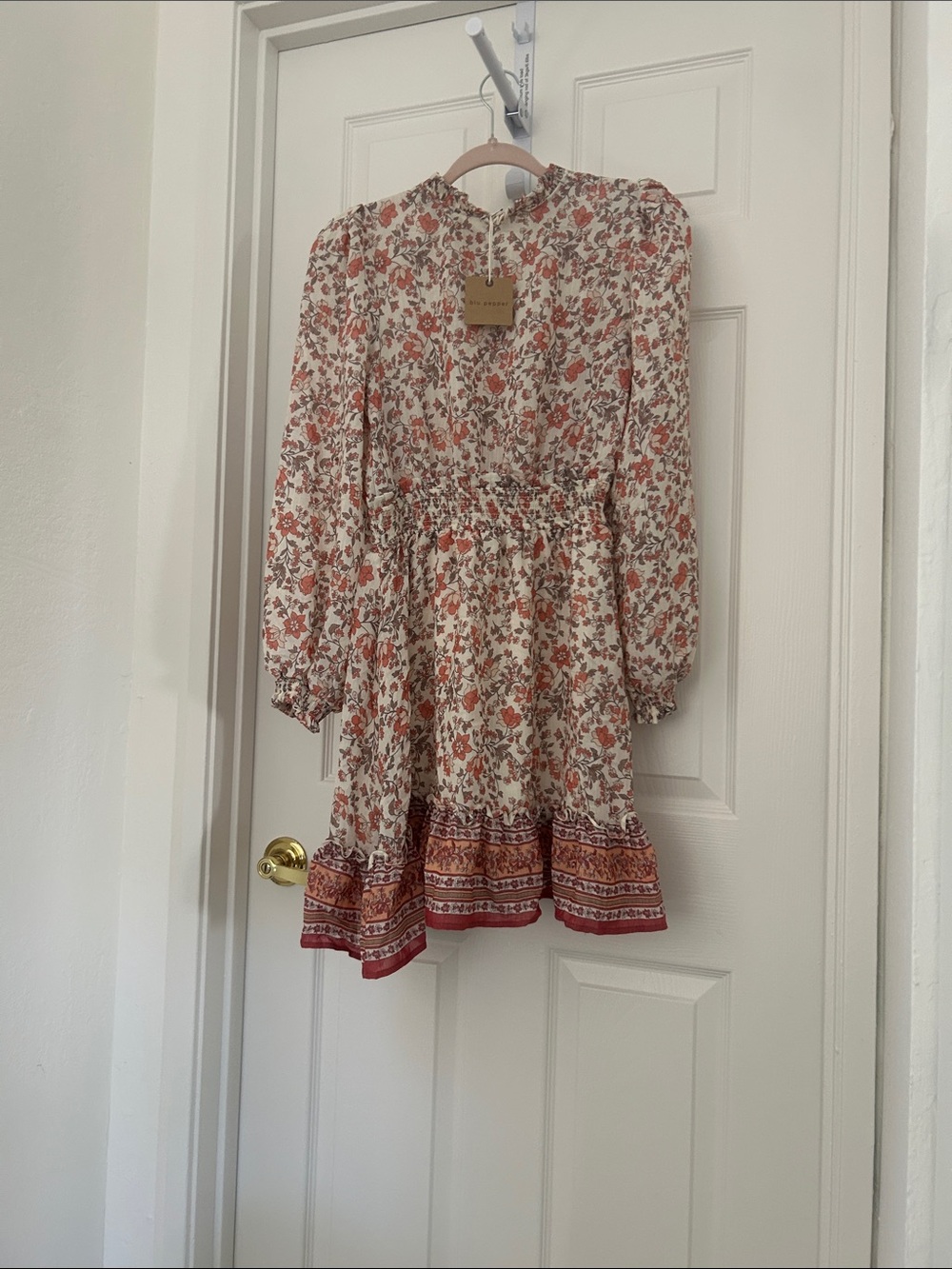 Blu Pepper Cream Floral Long-Sleeve Tiered Mini Dress with Rust Accents